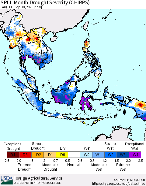 South East Asia SPI 1-Month Drought Severity (CHIRPS) Thematic Map For 8/11/2021 - 9/10/2021