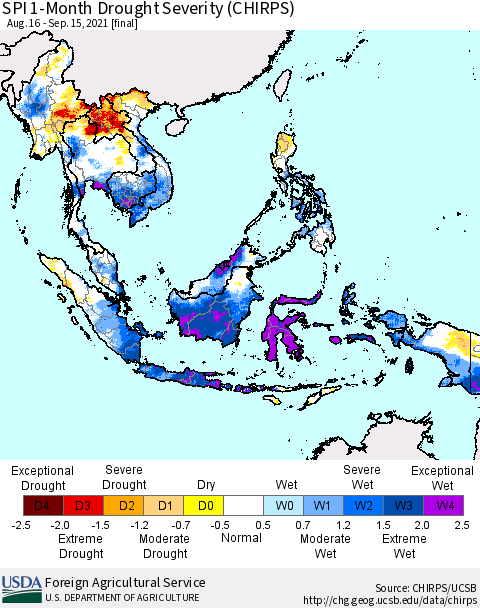 South East Asia SPI 1-Month Drought Severity (CHIRPS) Thematic Map For 8/16/2021 - 9/15/2021