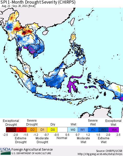 South East Asia SPI 1-Month Drought Severity (CHIRPS) Thematic Map For 8/21/2021 - 9/20/2021