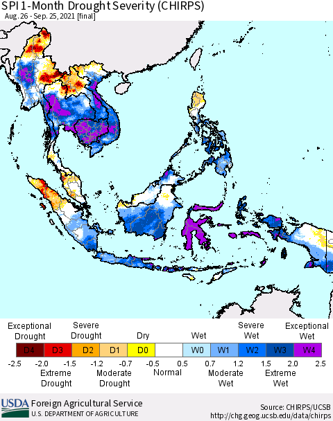 South East Asia SPI 1-Month Drought Severity (CHIRPS) Thematic Map For 8/26/2021 - 9/25/2021