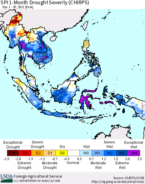 South East Asia SPI 1-Month Drought Severity (CHIRPS) Thematic Map For 9/1/2021 - 9/30/2021