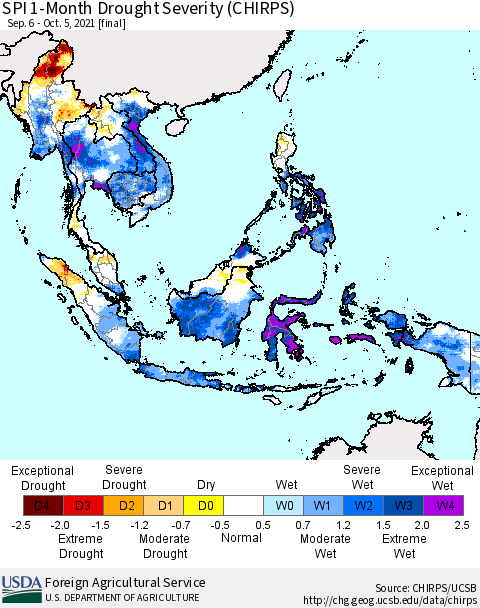 South East Asia SPI 1-Month Drought Severity (CHIRPS) Thematic Map For 9/6/2021 - 10/5/2021