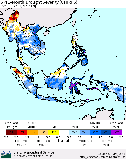 South East Asia SPI 1-Month Drought Severity (CHIRPS) Thematic Map For 9/11/2021 - 10/10/2021