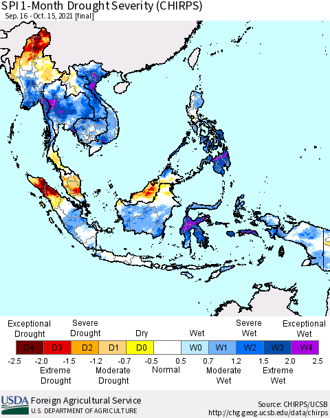 South East Asia SPI 1-Month Drought Severity (CHIRPS) Thematic Map For 9/16/2021 - 10/15/2021