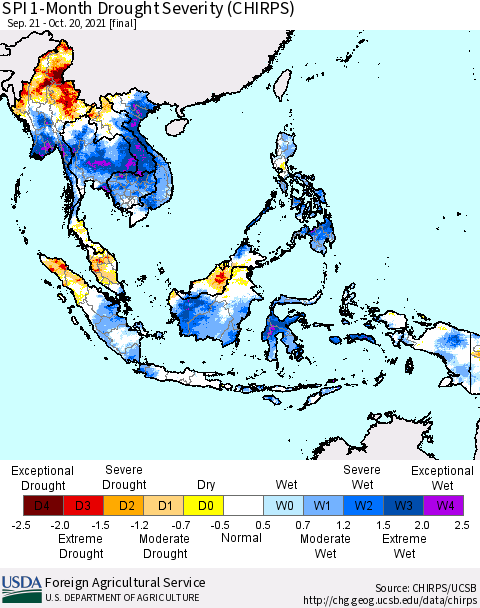 South East Asia SPI 1-Month Drought Severity (CHIRPS) Thematic Map For 9/21/2021 - 10/20/2021