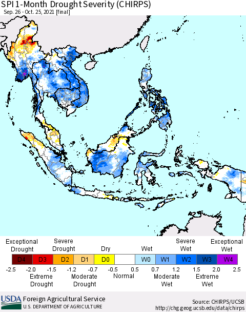 South East Asia SPI 1-Month Drought Severity (CHIRPS) Thematic Map For 9/26/2021 - 10/25/2021