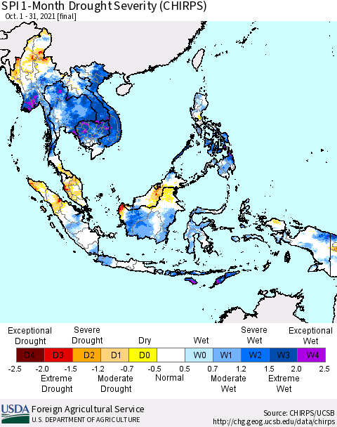 South East Asia SPI 1-Month Drought Severity (CHIRPS) Thematic Map For 10/1/2021 - 10/31/2021