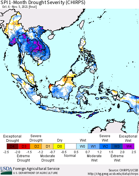 South East Asia SPI 1-Month Drought Severity (CHIRPS) Thematic Map For 10/6/2021 - 11/5/2021