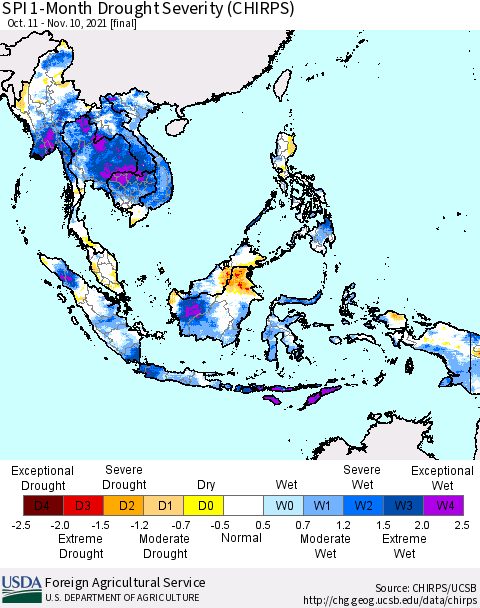 South East Asia SPI 1-Month Drought Severity (CHIRPS) Thematic Map For 10/11/2021 - 11/10/2021