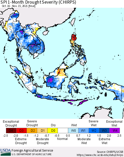 South East Asia SPI 1-Month Drought Severity (CHIRPS) Thematic Map For 10/16/2021 - 11/15/2021