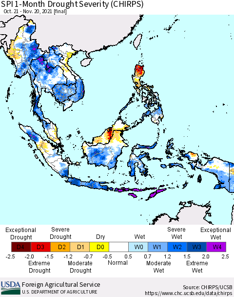 South East Asia SPI 1-Month Drought Severity (CHIRPS) Thematic Map For 10/21/2021 - 11/20/2021
