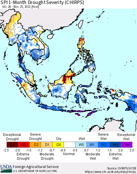 South East Asia SPI 1-Month Drought Severity (CHIRPS) Thematic Map For 10/26/2021 - 11/25/2021