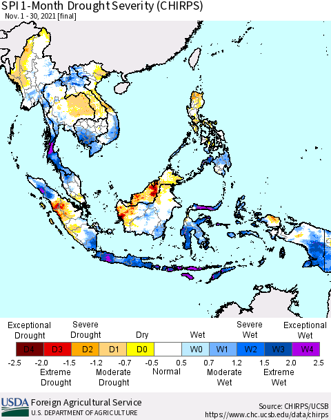 South East Asia SPI 1-Month Drought Severity (CHIRPS) Thematic Map For 11/1/2021 - 11/30/2021