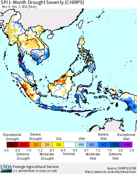 South East Asia SPI 1-Month Drought Severity (CHIRPS) Thematic Map For 11/6/2021 - 12/5/2021