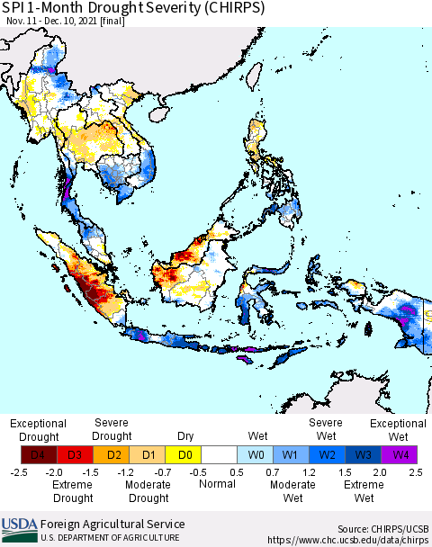 South East Asia SPI 1-Month Drought Severity (CHIRPS) Thematic Map For 11/11/2021 - 12/10/2021