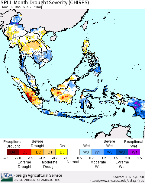 South East Asia SPI 1-Month Drought Severity (CHIRPS) Thematic Map For 11/16/2021 - 12/15/2021