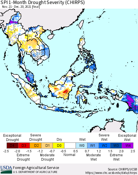 South East Asia SPI 1-Month Drought Severity (CHIRPS) Thematic Map For 11/21/2021 - 12/20/2021
