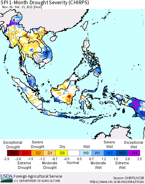 South East Asia SPI 1-Month Drought Severity (CHIRPS) Thematic Map For 11/26/2021 - 12/25/2021