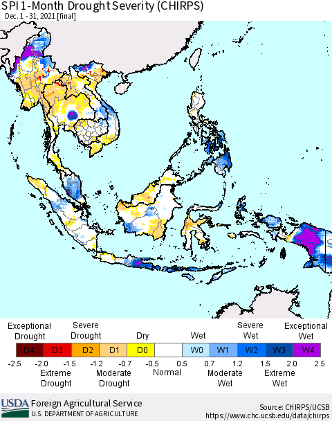 South East Asia SPI 1-Month Drought Severity (CHIRPS) Thematic Map For 12/1/2021 - 12/31/2021