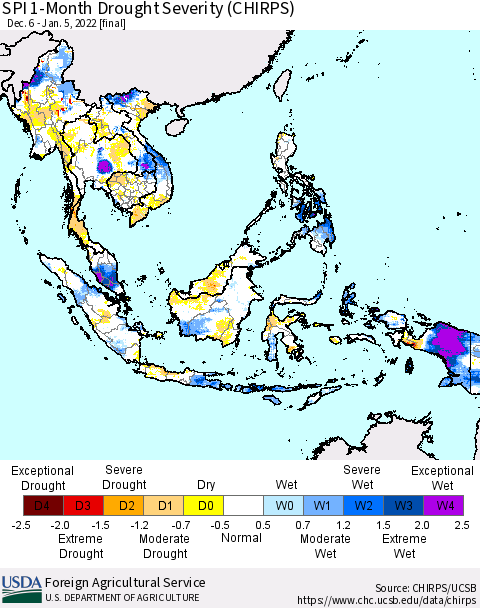 South East Asia SPI 1-Month Drought Severity (CHIRPS) Thematic Map For 12/6/2021 - 1/5/2022