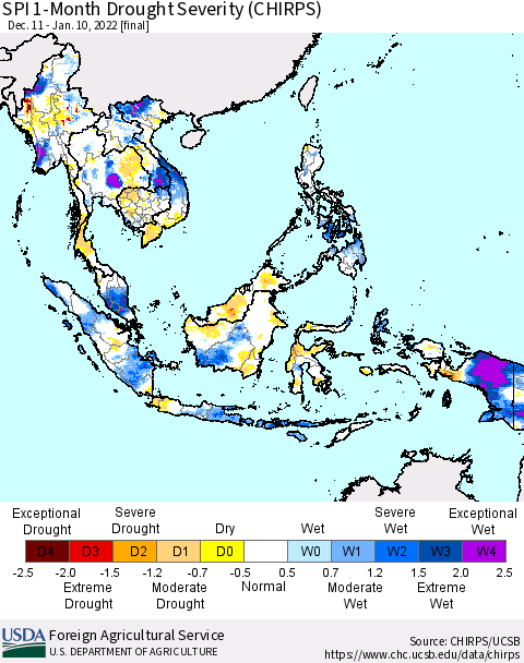 South East Asia SPI 1-Month Drought Severity (CHIRPS) Thematic Map For 12/11/2021 - 1/10/2022