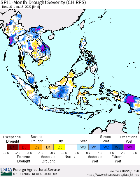 South East Asia SPI 1-Month Drought Severity (CHIRPS) Thematic Map For 12/16/2021 - 1/15/2022
