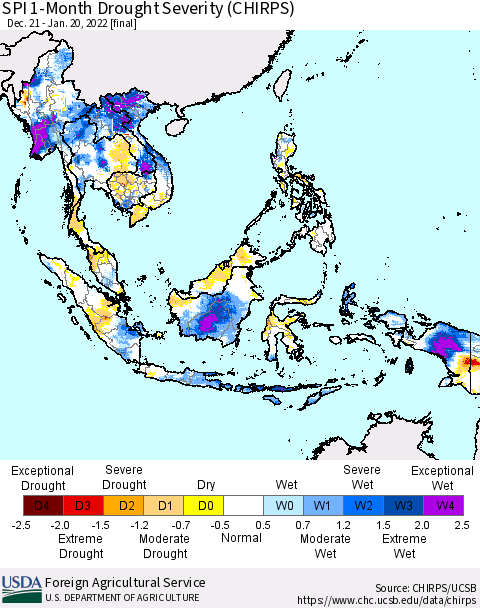 South East Asia SPI 1-Month Drought Severity (CHIRPS) Thematic Map For 12/21/2021 - 1/20/2022