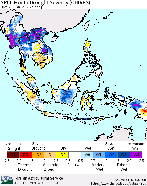 South East Asia SPI 1-Month Drought Severity (CHIRPS) Thematic Map For 12/26/2021 - 1/25/2022