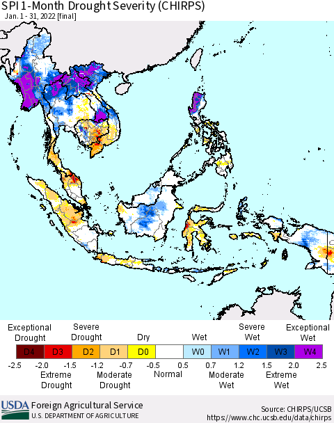 South East Asia SPI 1-Month Drought Severity (CHIRPS) Thematic Map For 1/1/2022 - 1/31/2022