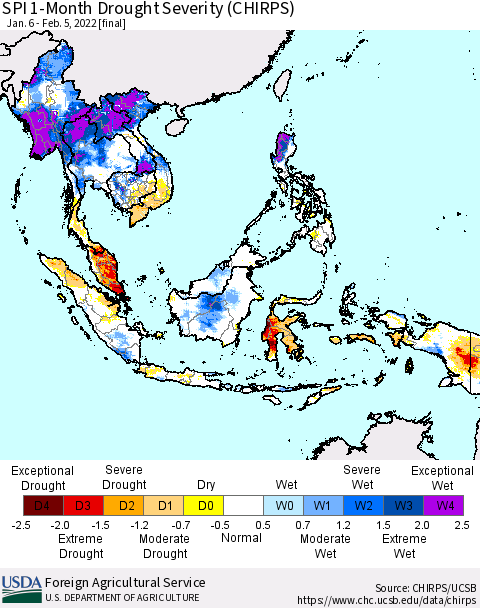 South East Asia SPI 1-Month Drought Severity (CHIRPS) Thematic Map For 1/6/2022 - 2/5/2022