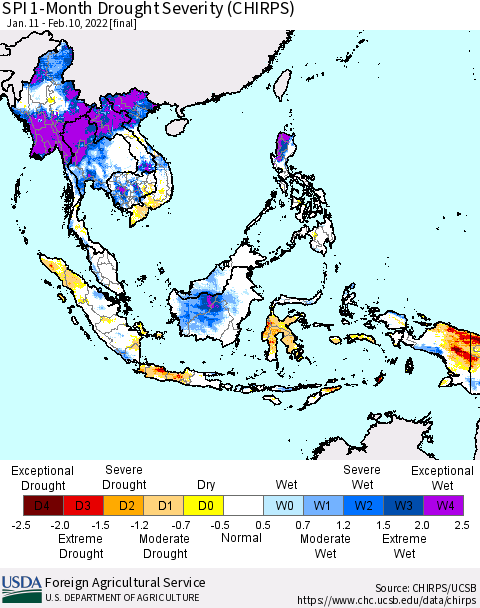 South East Asia SPI 1-Month Drought Severity (CHIRPS) Thematic Map For 1/11/2022 - 2/10/2022