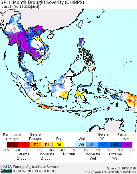 South East Asia SPI 1-Month Drought Severity (CHIRPS) Thematic Map For 1/16/2022 - 2/15/2022