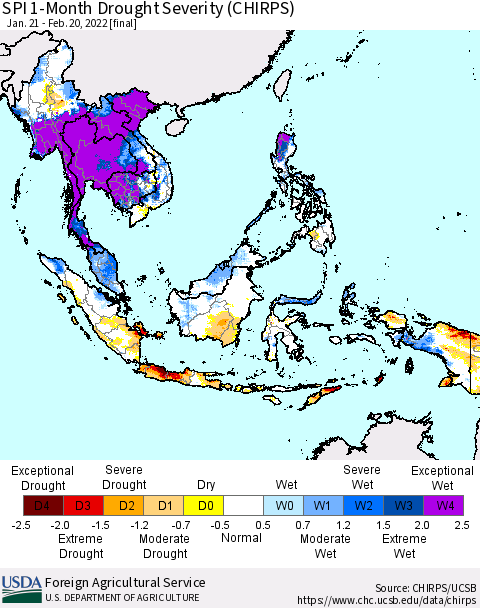 South East Asia SPI 1-Month Drought Severity (CHIRPS) Thematic Map For 1/21/2022 - 2/20/2022