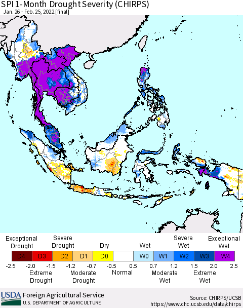 South East Asia SPI 1-Month Drought Severity (CHIRPS) Thematic Map For 1/26/2022 - 2/25/2022