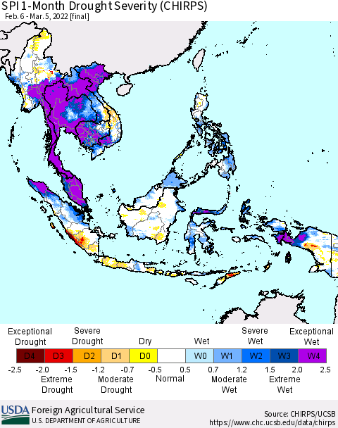 South East Asia SPI 1-Month Drought Severity (CHIRPS) Thematic Map For 2/6/2022 - 3/5/2022