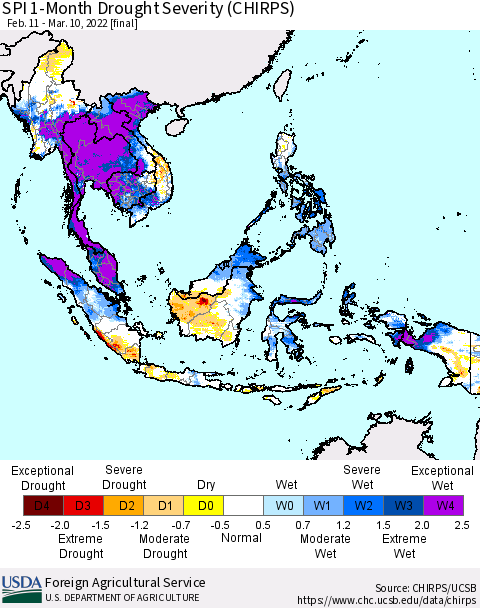South East Asia SPI 1-Month Drought Severity (CHIRPS) Thematic Map For 2/11/2022 - 3/10/2022