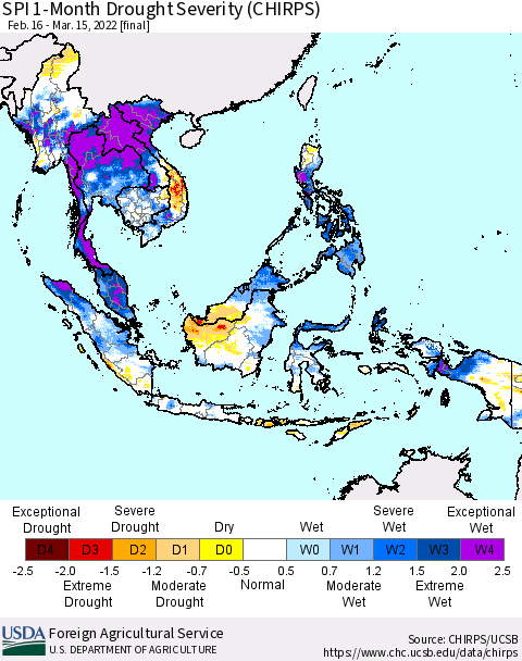South East Asia SPI 1-Month Drought Severity (CHIRPS) Thematic Map For 2/16/2022 - 3/15/2022