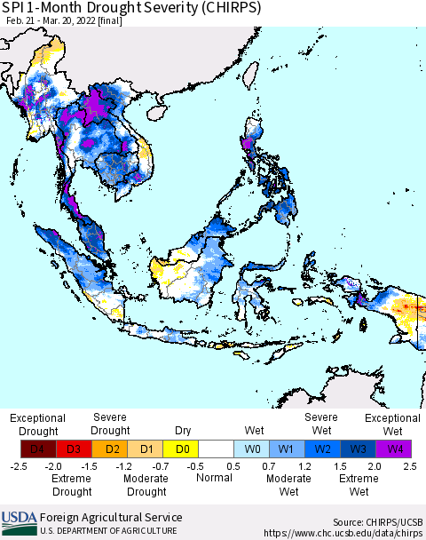 South East Asia SPI 1-Month Drought Severity (CHIRPS) Thematic Map For 2/21/2022 - 3/20/2022