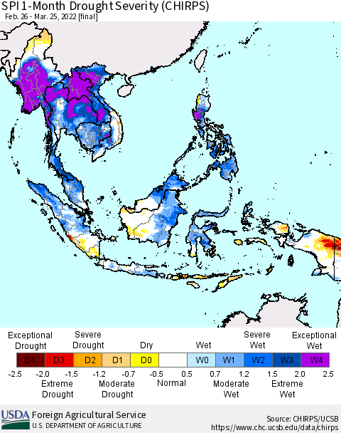 South East Asia SPI 1-Month Drought Severity (CHIRPS) Thematic Map For 2/26/2022 - 3/25/2022