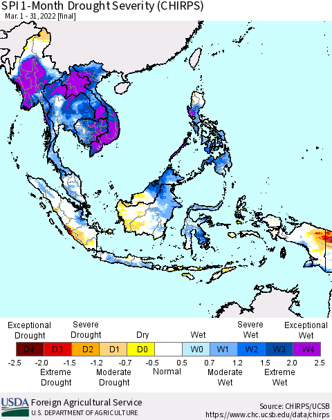 South East Asia SPI 1-Month Drought Severity (CHIRPS) Thematic Map For 3/1/2022 - 3/31/2022