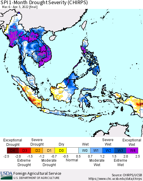 South East Asia SPI 1-Month Drought Severity (CHIRPS) Thematic Map For 3/6/2022 - 4/5/2022