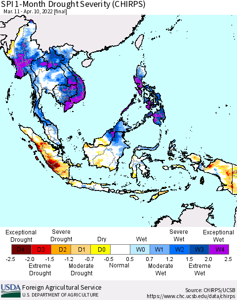South East Asia SPI 1-Month Drought Severity (CHIRPS) Thematic Map For 3/11/2022 - 4/10/2022