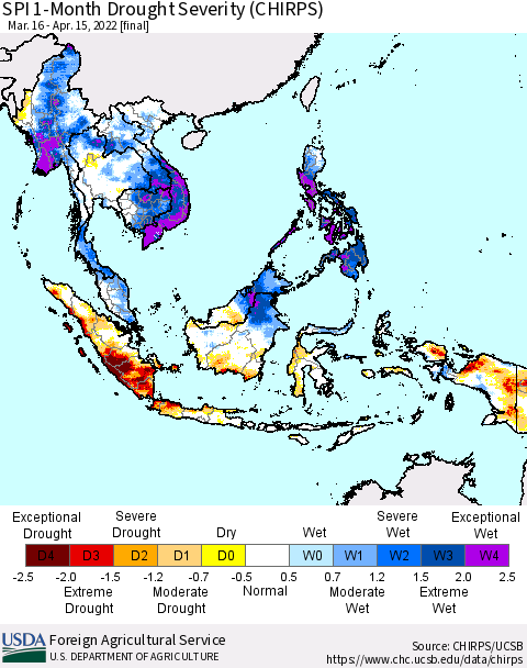South East Asia SPI 1-Month Drought Severity (CHIRPS) Thematic Map For 3/16/2022 - 4/15/2022