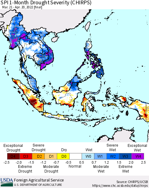 South East Asia SPI 1-Month Drought Severity (CHIRPS) Thematic Map For 3/21/2022 - 4/20/2022