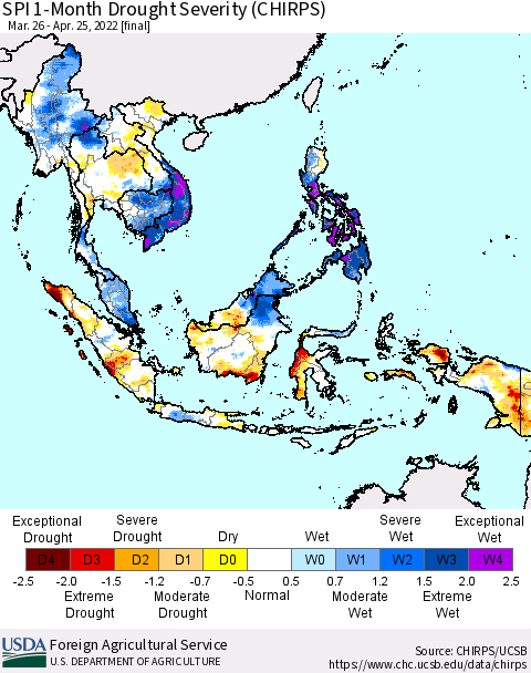 South East Asia SPI 1-Month Drought Severity (CHIRPS) Thematic Map For 3/26/2022 - 4/25/2022