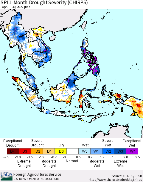 South East Asia SPI 1-Month Drought Severity (CHIRPS) Thematic Map For 4/1/2022 - 4/30/2022