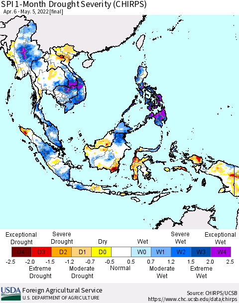 South East Asia SPI 1-Month Drought Severity (CHIRPS) Thematic Map For 4/6/2022 - 5/5/2022