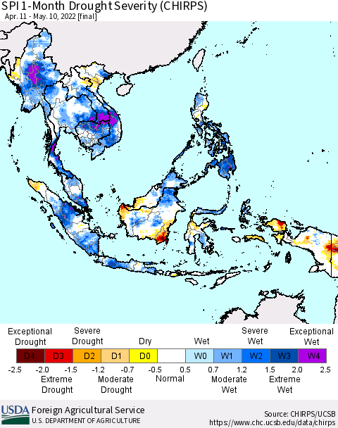 South East Asia SPI 1-Month Drought Severity (CHIRPS) Thematic Map For 4/11/2022 - 5/10/2022