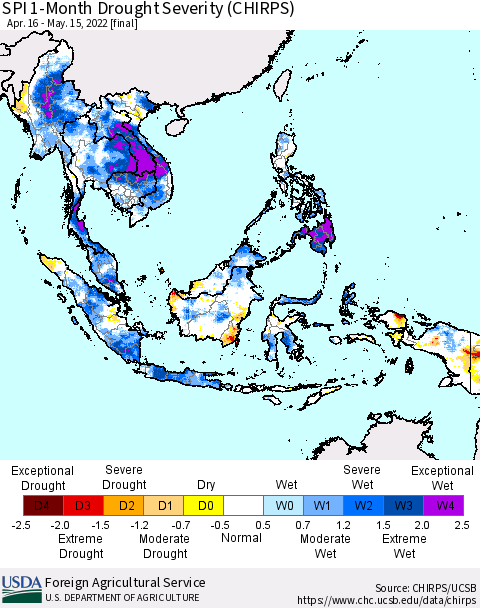 South East Asia SPI 1-Month Drought Severity (CHIRPS) Thematic Map For 4/16/2022 - 5/15/2022