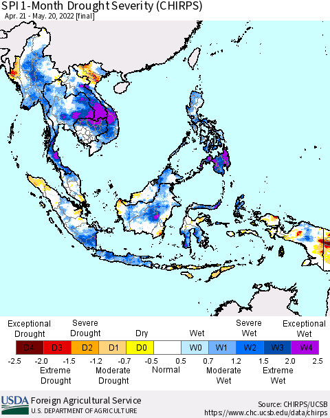South East Asia SPI 1-Month Drought Severity (CHIRPS) Thematic Map For 4/21/2022 - 5/20/2022